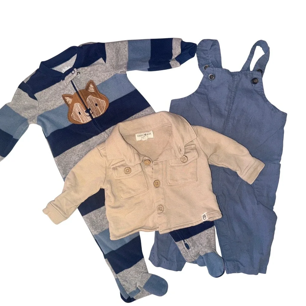 Child of Mine Rabbit Bear Baby Boy Bundle 3-6M Fleece Romper Jacket Overalls